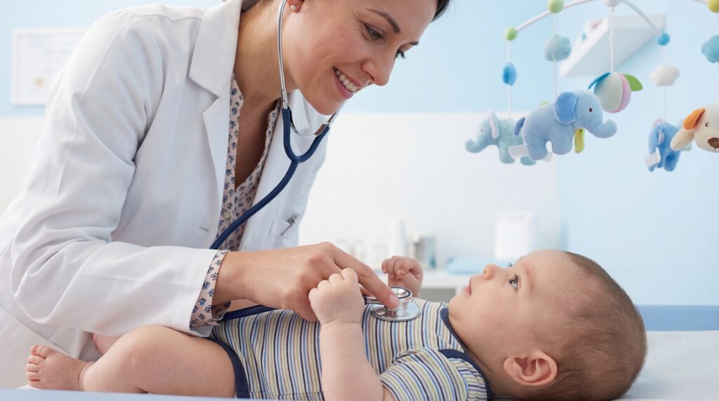 Pediatra realizando consulta de saúde infantil com bebê